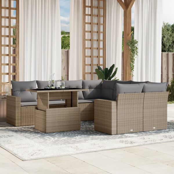 vidaXL Set de sof&aacute;s de jard&iacute;n 9 pzas con cojines rat&aacute;n sint&eacute;tico beige