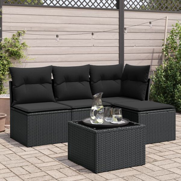 vidaXL Set de muebles de jard&iacute;n 5 pzas y cojines rat&aacute;n sint&eacute;tico negro