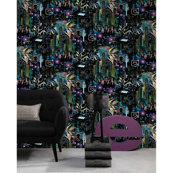 Noordwand Papel pared Good Vibes Skyscrapers City Icons negro morado