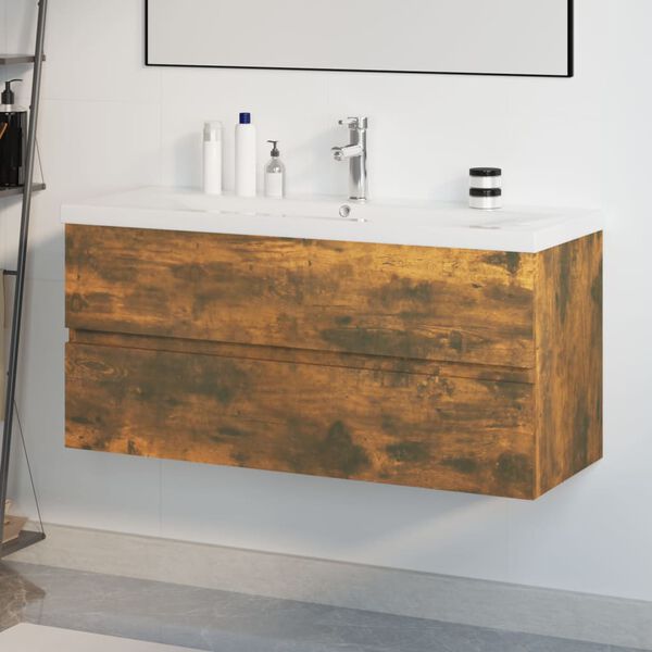 vidaXL Mueble de ba&ntilde;o con lavabo madera contrachapada roble ahumado