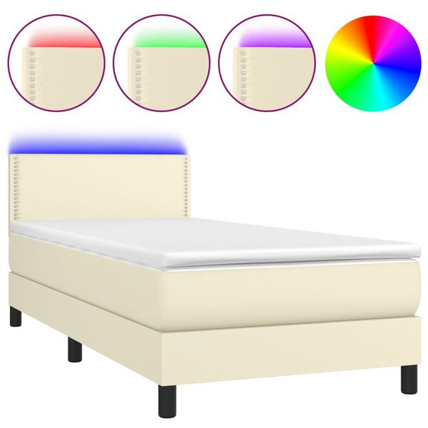 vidaXL Cama box spring y colch&oacute;n LED cuero sint&eacute;tico crema 90x190 cm