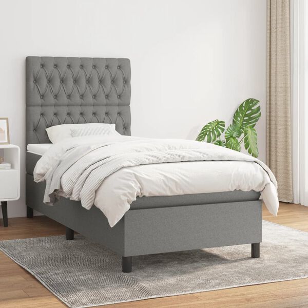 vidaXL Cama box spring con colch&oacute;n tela gris oscuro 100x200 cm