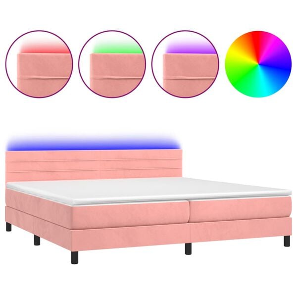 vidaXL Cama box spring colch&oacute;n y LED terciopelo rosa 200x200 cm