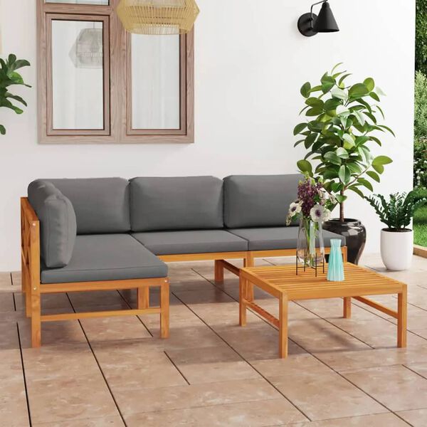 vidaXL Set de muebles de jard&iacute;n 5 pzas madera de teca y cojines gris