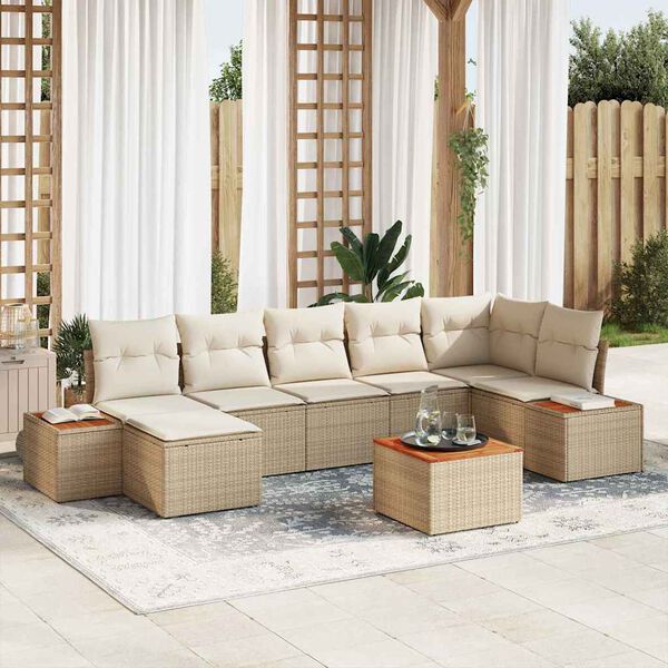 vidaXL Conjunto de sof&aacute; de jard&iacute;n 8 pcs Beige rat&aacute;n sint&eacute;tico