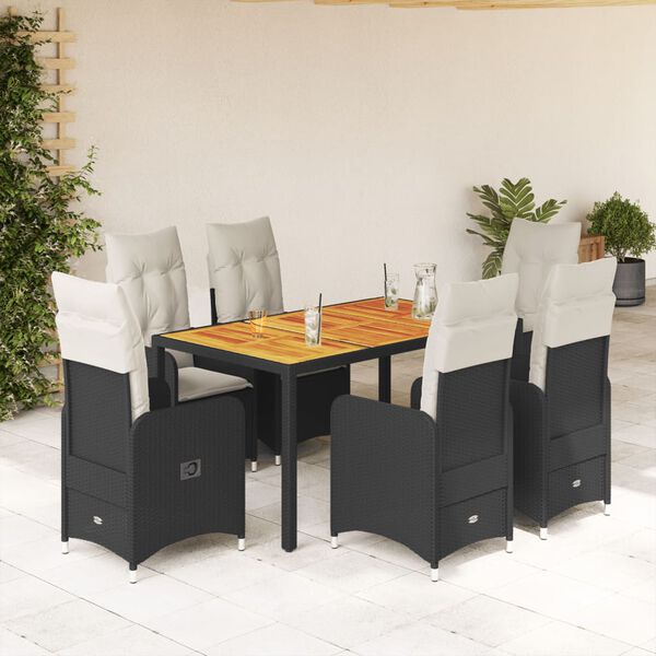 vidaXL Set de mesa y sillas de jard&iacute;n 7 pzas y cojines rat&aacute;n PE negro
