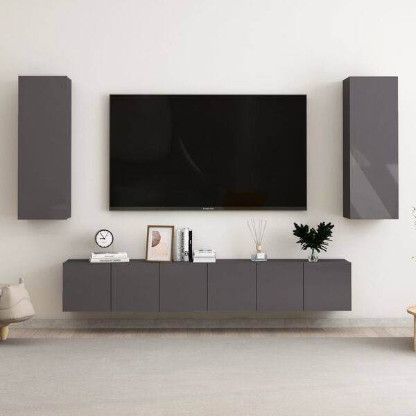 vidaXL Muebles de TV de sal&oacute;n 5 pzas madera de ingenier&iacute;a gris brillo