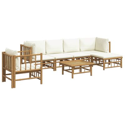 vidaXL Set de muebles de jardín 7 piezas bambú y cojines blanco crema