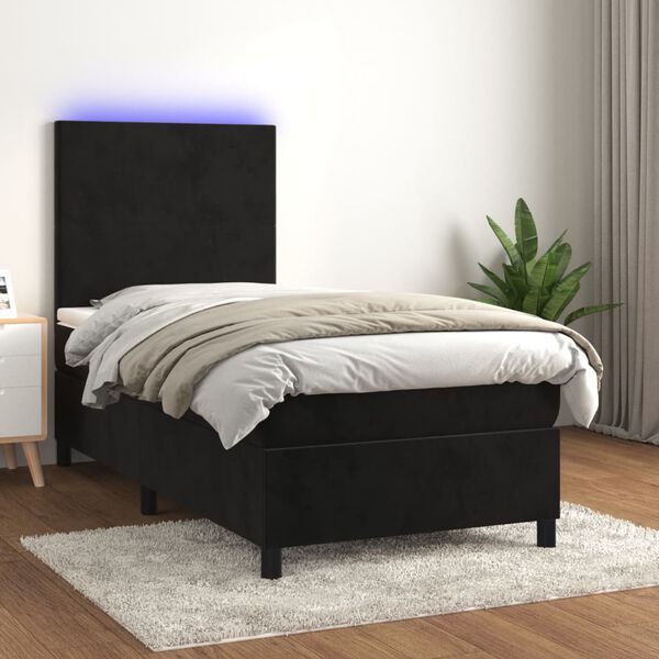 vidaXL Cama box spring colch&oacute;n y LED terciopelo negro 90x190 cm