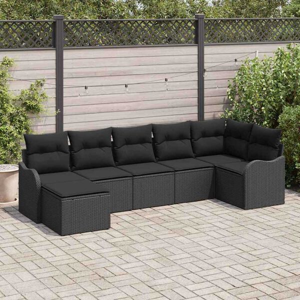 vidaXL Conjunto de sof&aacute; de jard&iacute;n con coj&iacute;n 7 pcs Negro Polirat&aacute;n
