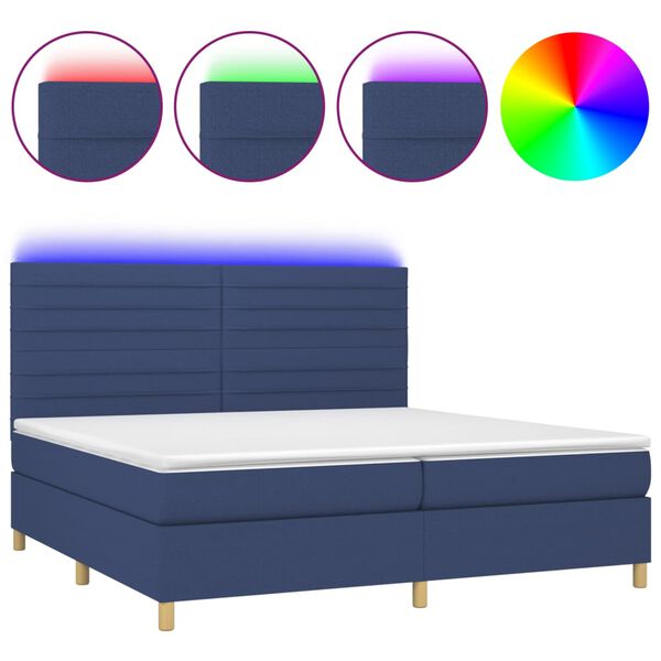 vidaXL Cama box spring colch&oacute;n y luces LED tela azul 200x200 cm