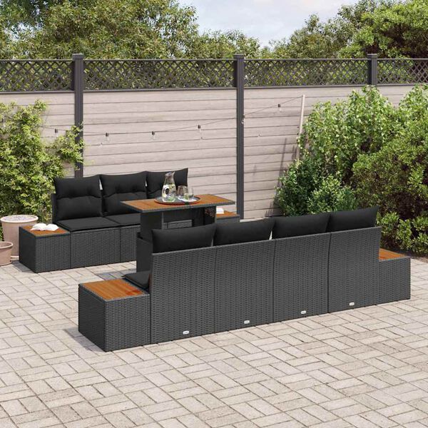 vidaXL Conjunto de sof&aacute; de jard&iacute;n con coj&iacute;n 8 pcs Negro Polirat&aacute;n
