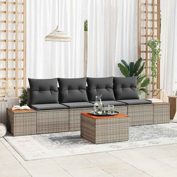 vidaXL Conjunto de sof&aacute; de jard&iacute;n con coj&iacute;n 5 pcs Gris Polirat&aacute;n