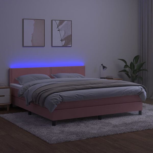 vidaXL Cama box spring colch&oacute;n y LED terciopelo rosa 180x200 cm