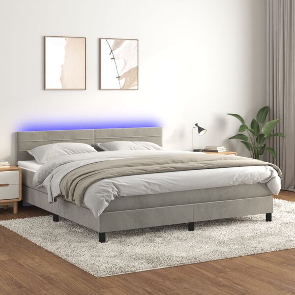 vidaXL Cama box spring colch&oacute;n y LED terciopelo gris claro 180x200 cm