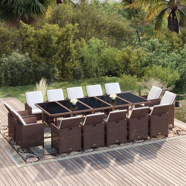 vidaXL Set comedor de jard&iacute;n 15 pzas con cojines rat&aacute;n PE marr&oacute;n