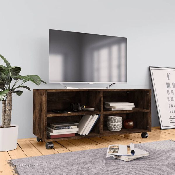vidaXL Mueble TV con ruedas madera contrachapada roble humo 90x35x35cm