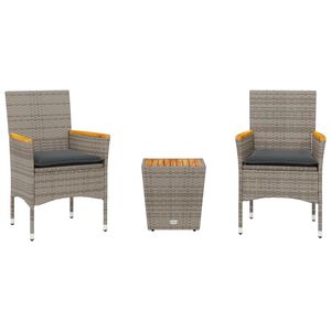 vidaXL Mesita y sillas con cojines 3 pzas rat&aacute;n sint&eacute;tico vidrio gris