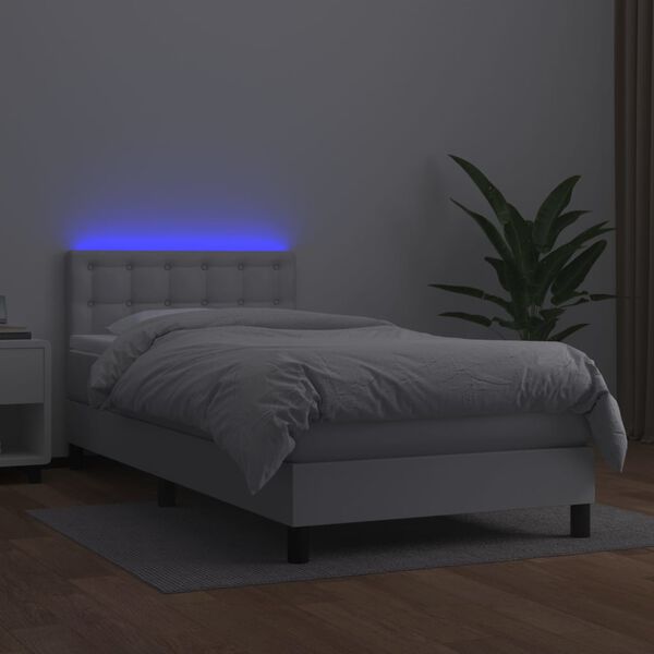 vidaXL Cama box spring y colch&oacute;n LED cuero sint&eacute;tico blanco 90x190 cm