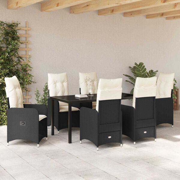 vidaXL Conjunto de Comedor de Jardín con cojín 7 pcs Negro Poliratán