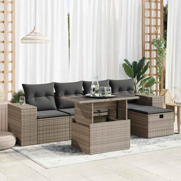 vidaXL Set de muebles de jard&iacute;n 6 pzas y cojines rat&aacute;n sint&eacute;tico gris