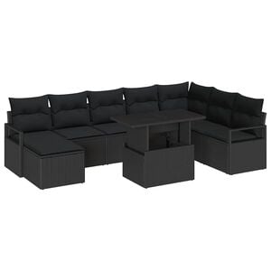 vidaXL Conjunto de sof&aacute; de jard&iacute;n 9 pcs Negro Polirat&aacute;n