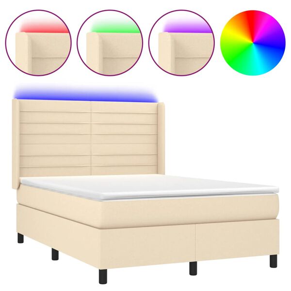 vidaXL Cama box spring colch&oacute;n y luces LED tela crema 140x200 cm
