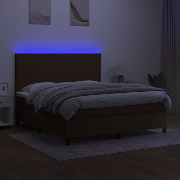 vidaXL Cama box spring colch&oacute;n luces LED tela marr&oacute;n oscuro 180x200cm