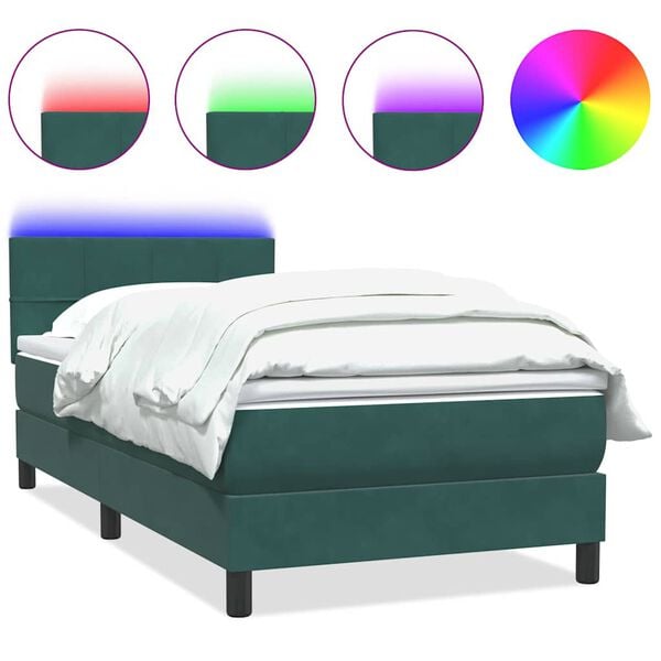 vidaXL Cama box spring con colch&oacute;n y LED terciopelo verde oscuro 90x210 cm