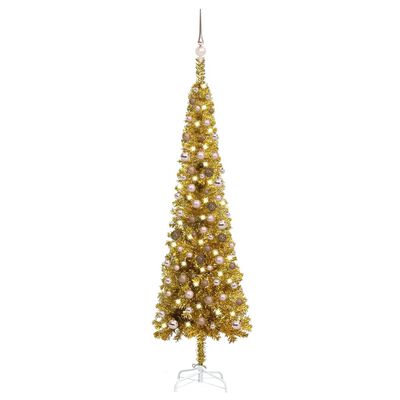 vidaXL Árbol de Navidad delgado con luces y bolas dorado 210 cm