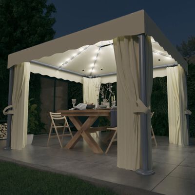 vidaXL Cenador con cortina y tira de luces LED aluminio crema 3x3 m