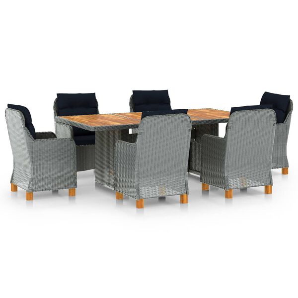 vidaXL Set comedor jard&iacute;n 7 pzas y cojines rat&aacute;n sint&eacute;tico gris claro