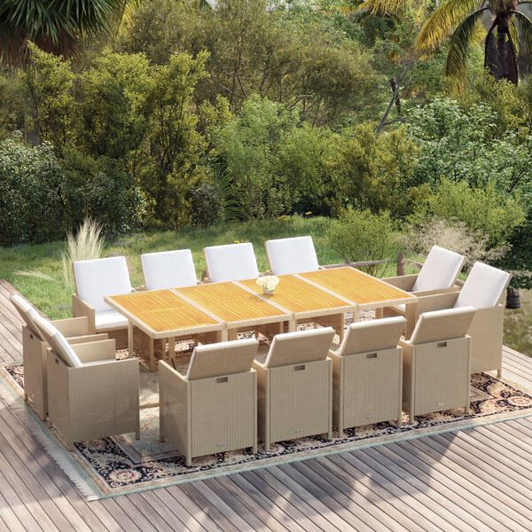 vidaXL Set comedor de jard&iacute;n 13 piezas y cojines rat&aacute;n sint&eacute;tico beige