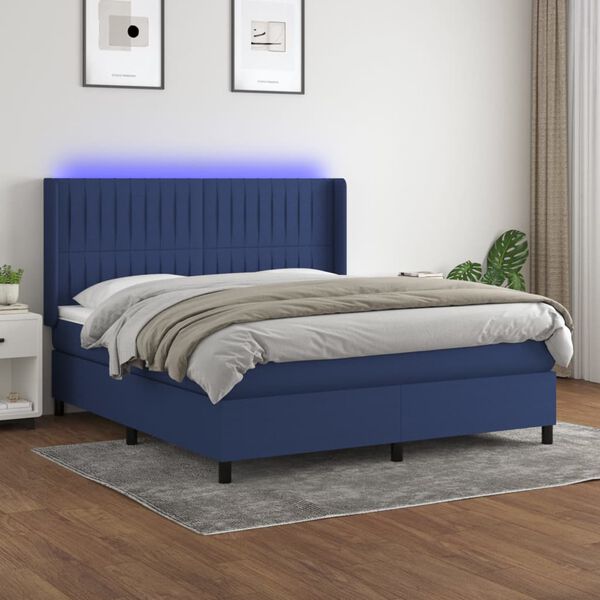 vidaXL Cama box spring colch&oacute;n y luces LED tela azul 160x200 cm