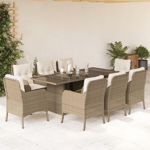 vidaXL Set comedor de jard&iacute;n 9 pzas con cojines rat&aacute;n sint&eacute;tico beige