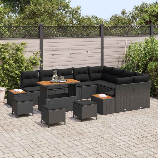 vidaXL Conjunto de sof&aacute;s de jard&iacute;n con coj&iacute;n 13 pcs Negro Polirat&aacute;n