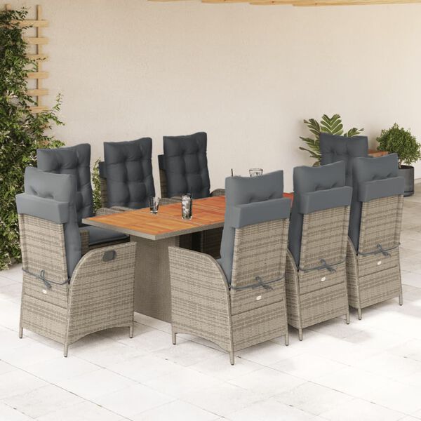 vidaXL Set comedor jard&iacute;n 9 pzas y cojines rat&aacute;n sint&eacute;tico gris