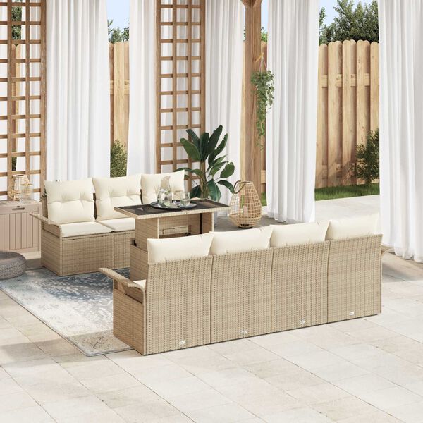 vidaXL Conjunto de sofá de jardín 8 pcs Beige Rattan de Poliéster