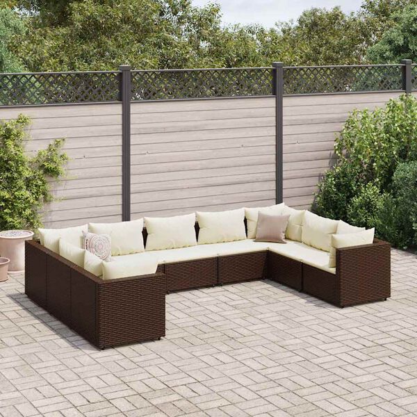 vidaXL Set muebles de jard&iacute;n 9 piezas y cojines rat&aacute;n sint&eacute;tico marr&oacute;n