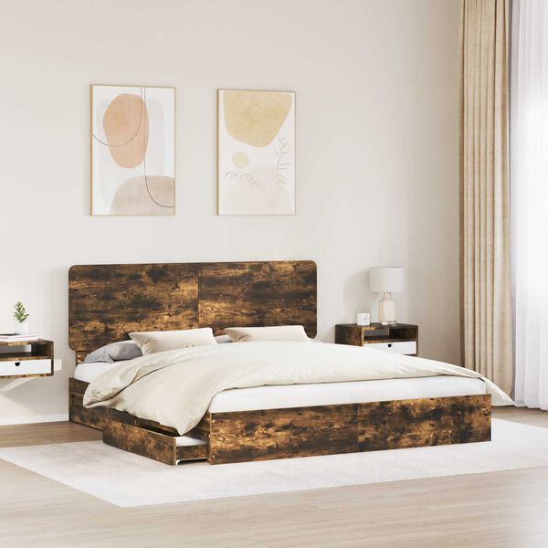 vidaXL Cama con almacenamiento con cabecera Roble ahumado 180 x 200 cm