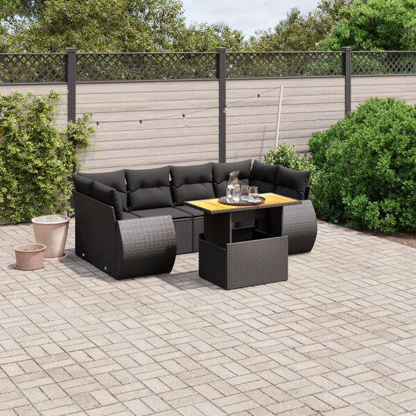vidaXL Set de comedor de jard&iacute;n 7 pzas y cojines rat&aacute;n sint&eacute;tico negro