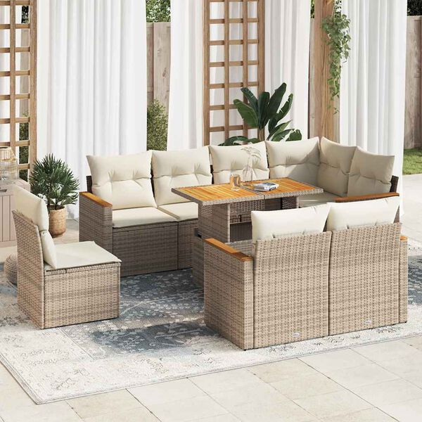 vidaXL Set sof&aacute;s jard&iacute;n y cojines 9 pzas rat&aacute;n sint&eacute;tico acacia beige