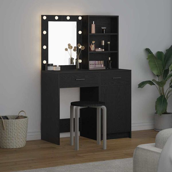 vidaXL Conjunto de mesa de vestidor con LED 2 pcs Roble Negro