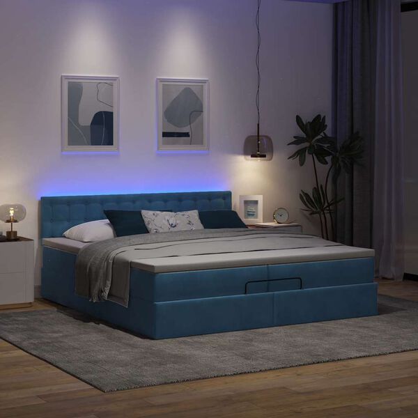 vidaXL Cama otomana con colchones y luces LED azul oscuro 200x200 cm