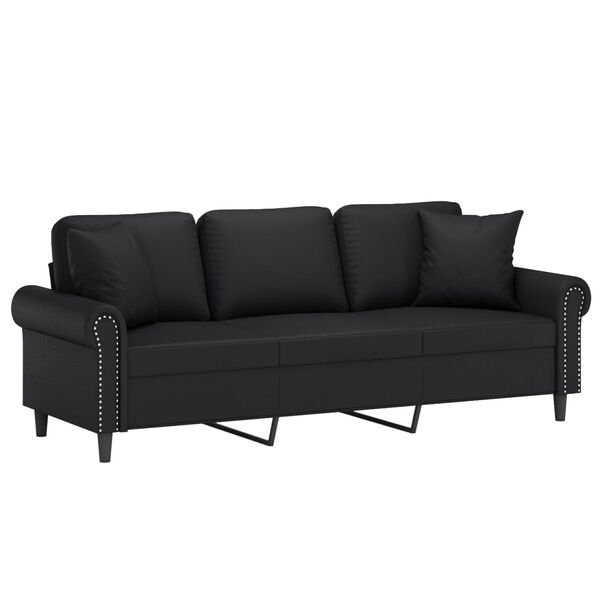 vidaXL Sof&aacute; 3 plazas almohadas y cojines cuero sint&eacute;tico negro 180 cm