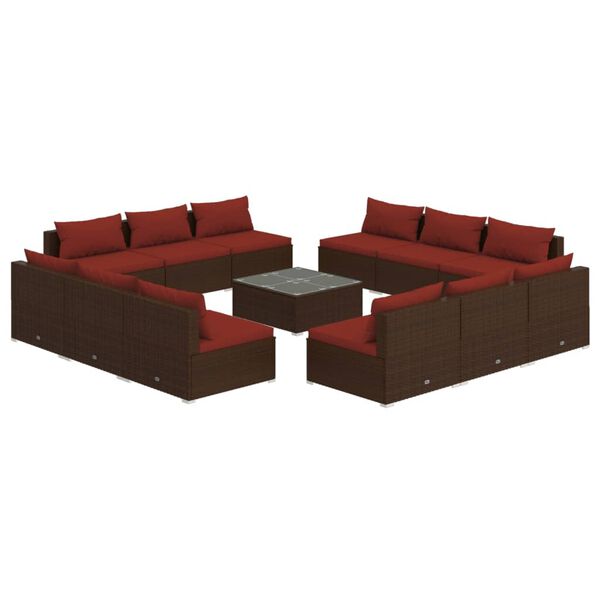 vidaXL Set muebles de jard&iacute;n 13 pzas y cojines rat&aacute;n sint&eacute;tico marr&oacute;n