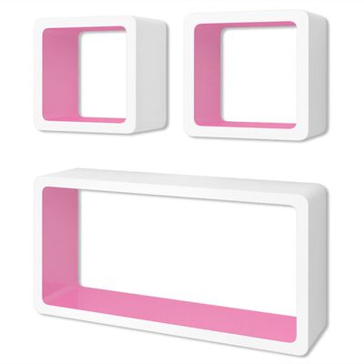 3 estanterías cúbicas material MDF blanco/rosa suspendidas libros/DVD