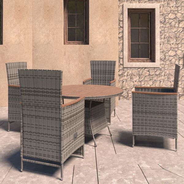 vidaXL Set de comedor de jard&iacute;n 5 pzas y cojines rat&aacute;n sint&eacute;tico gris