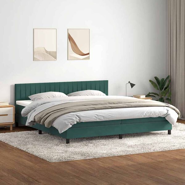 vidaXL Cama box spring con colch&oacute;n y LED terciopelo verde oscuro 200x210 cm