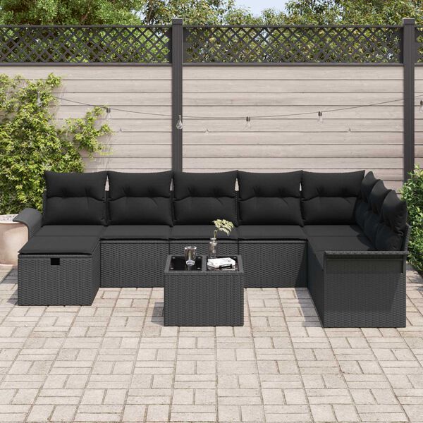 vidaXL Conjunto de sof&aacute; de jard&iacute;n Manual 9 pcs Negro rat&aacute;n sint&eacute;tico